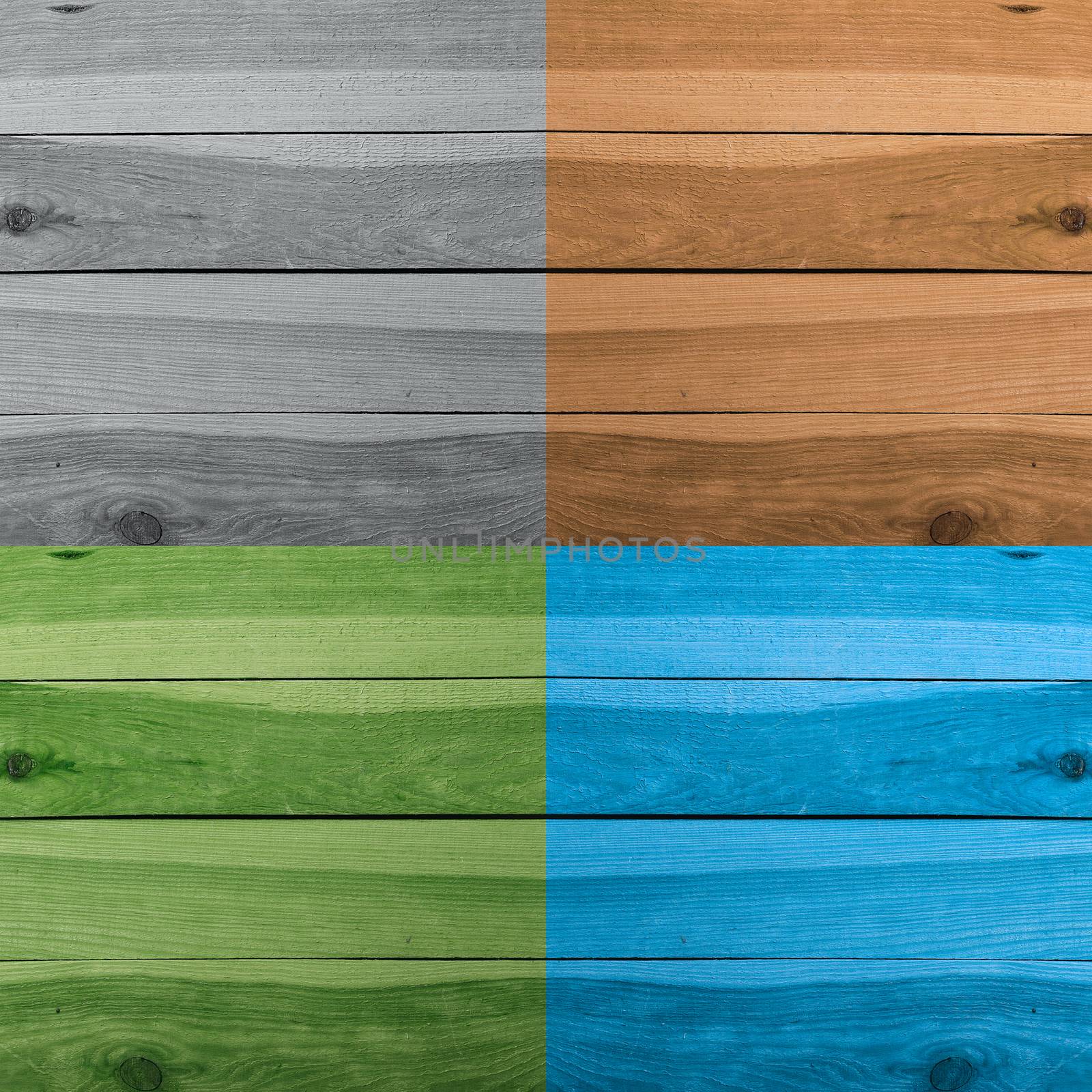 Grunge plank wood texture background. Collage of wooden surfaces four different colors