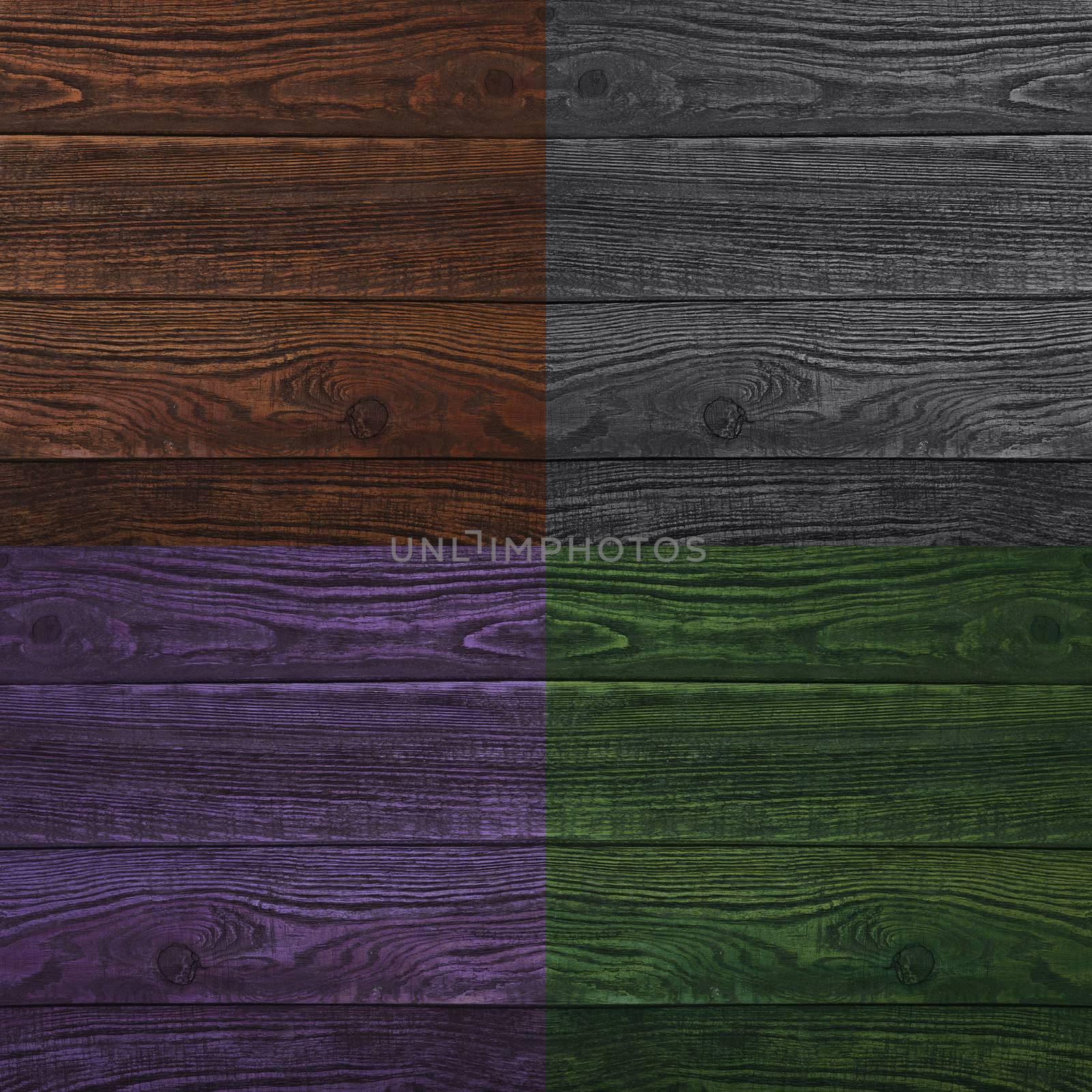 Grunge plank wood texture background. Collage of wooden surfaces four different colors