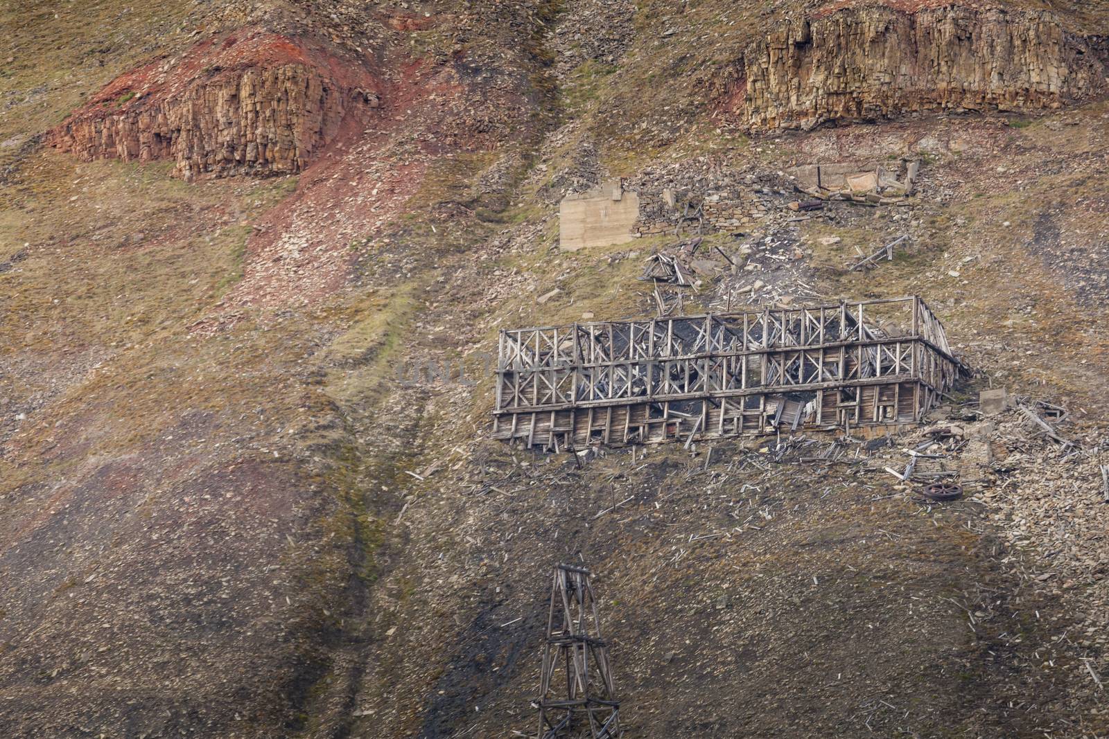 Abandoned wooden coal mine transportation station in Svalbard, Norway

