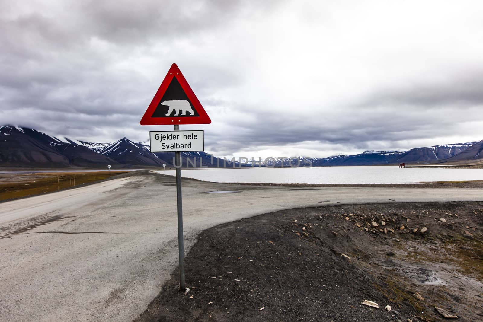 Warning sign polar bears, Spitsbergen, Svalbard, Norway