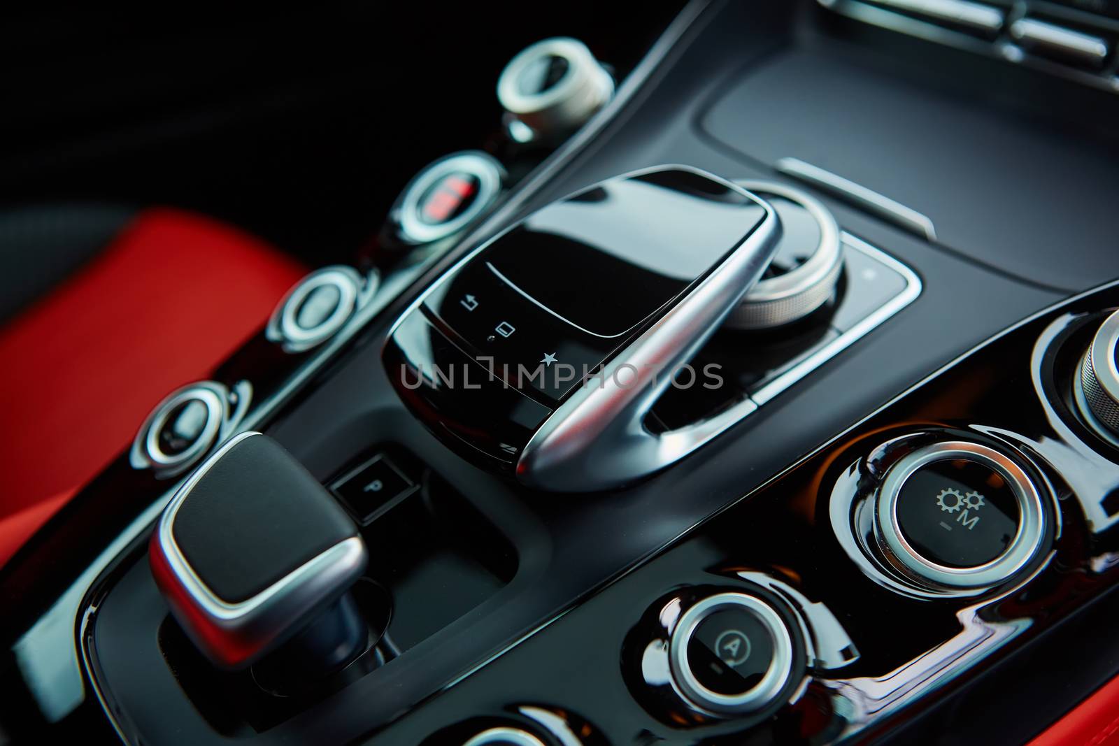 Detail of modern car interior, gear stick by sarymsakov
