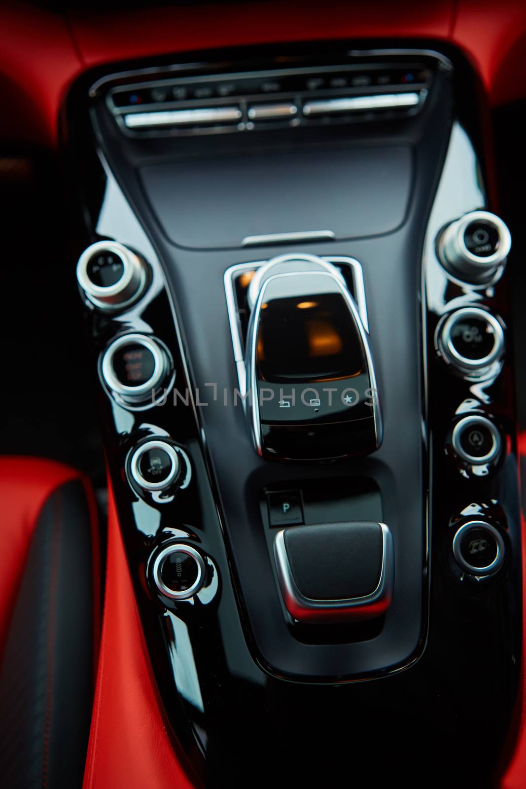 Detail of modern car interior, gear stick by sarymsakov