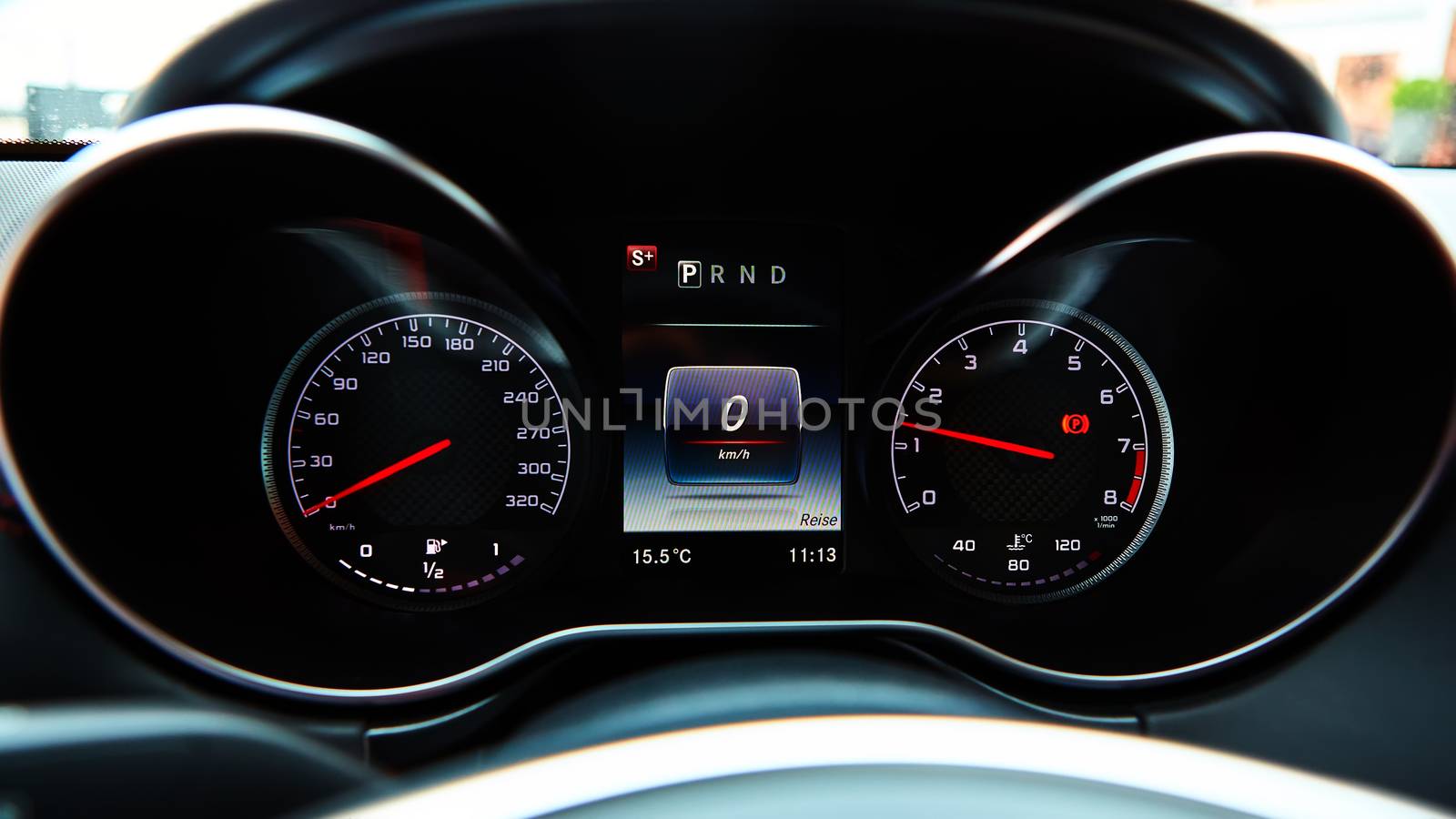 Modern car speedometer. Close up shot of the dashboard by sarymsakov