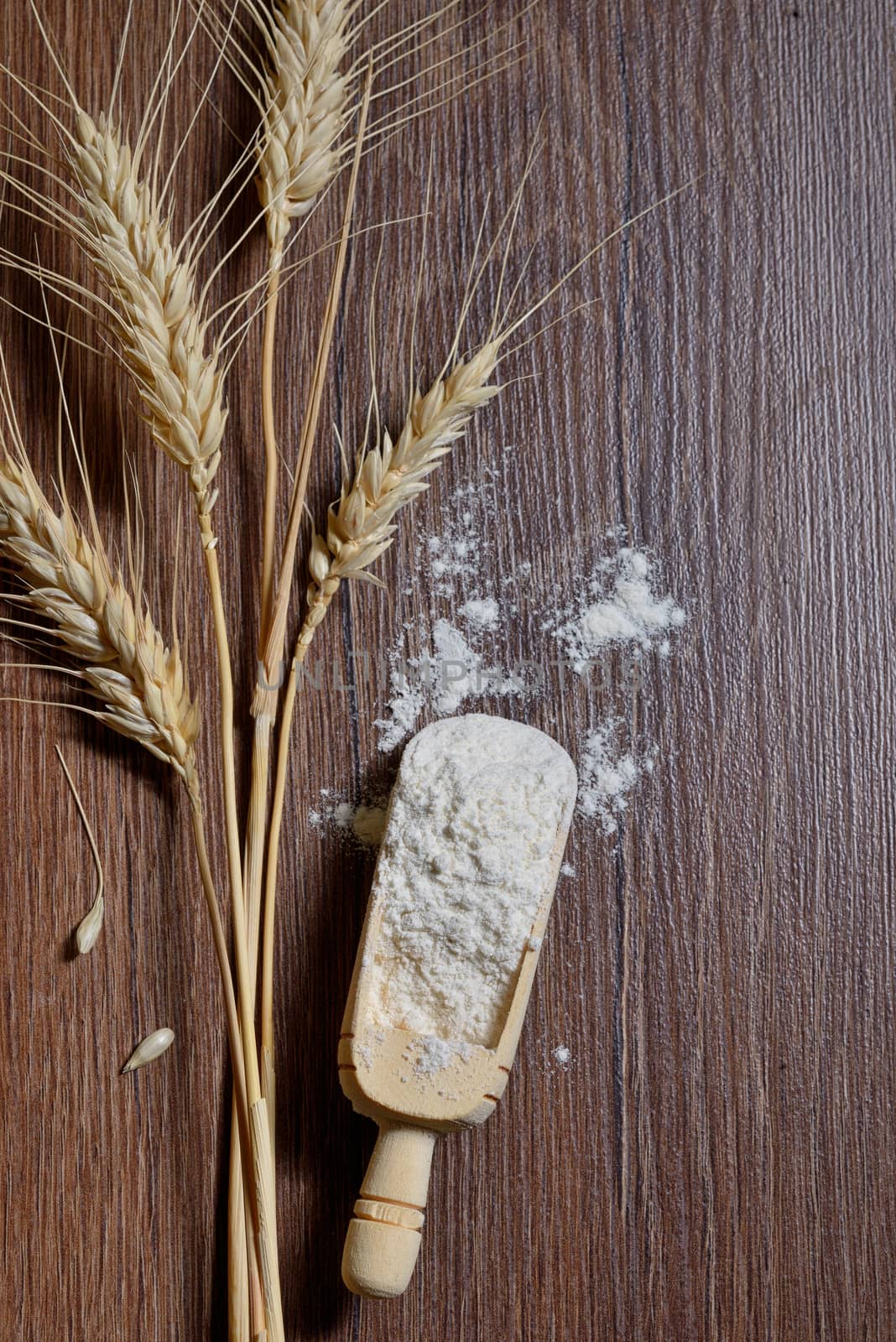 whole flour and wheat ears on wooden board