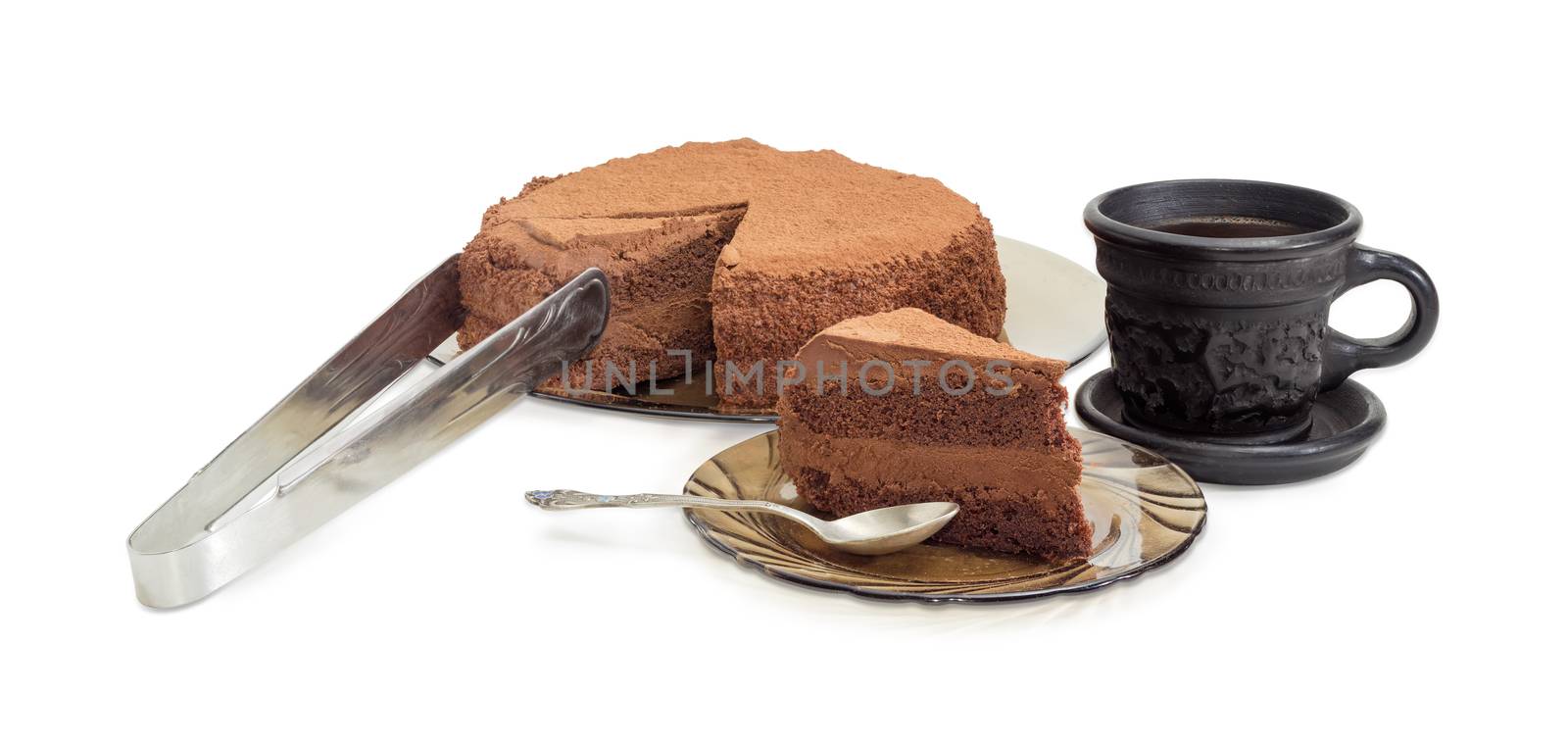 Partly sliced chocolate cake and coffee on light background by anmbph