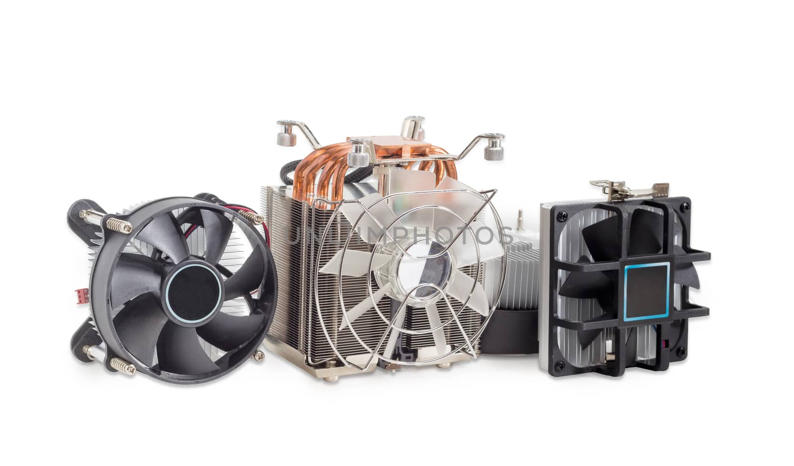 One active CPU cooler with a large finned heatsink, fan, copper thermal pad with heat pipes and several various CPU coolers with aluminum finned heatsinks and fans on a light background

