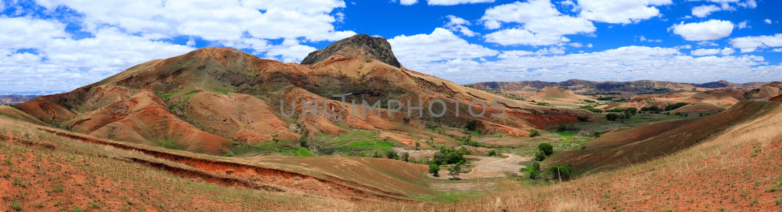Madagascar highland countryside landscape. Deforestation in Madagascar creates agricultural or pastoral land but can also result ecology problem with soil and water. Madagascar Mahajanga Province