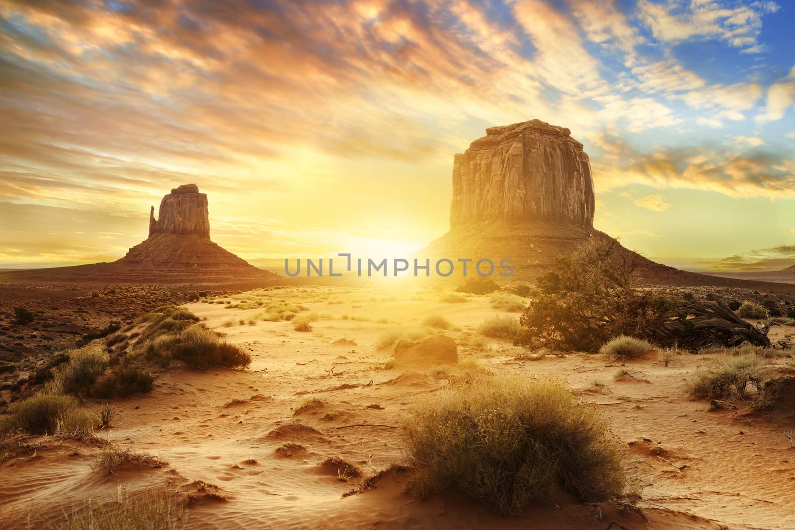 Sunset at the sisters in Monument Valley, USA