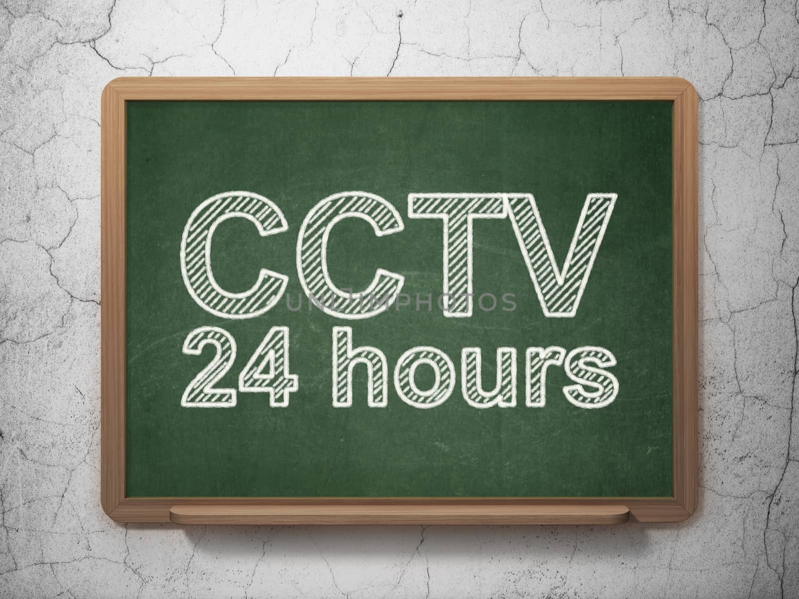 Privacy concept: text CCTV 24 hours on Green chalkboard on grunge wall background, 3D rendering