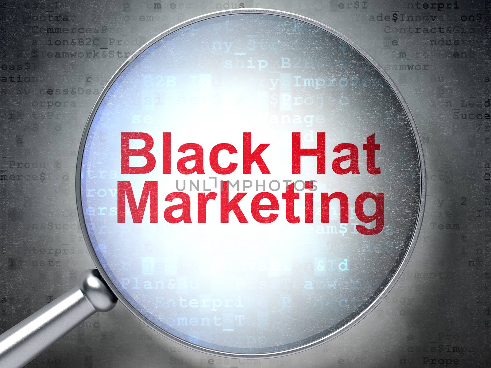 Business concept: magnifying optical glass with words Black Hat Marketing on digital background, 3D rendering