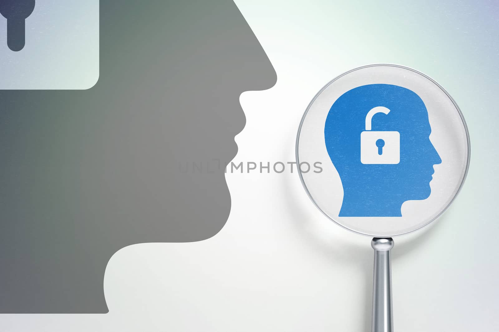 Finance concept: magnifying optical glass with Head With Padlock icon on digital background, empty copyspace for card, text, advertising, 3D rendering