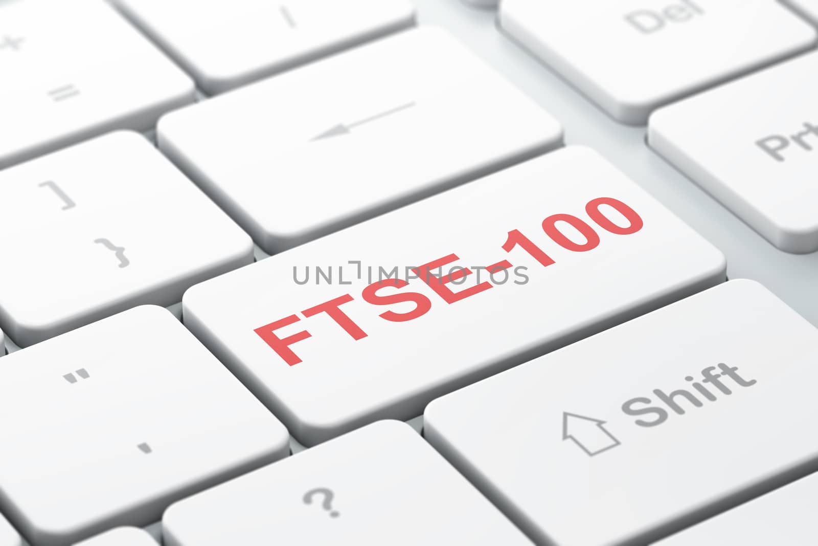 Stock market indexes concept: computer keyboard with word FTSE-100, selected focus on enter button background, 3D rendering