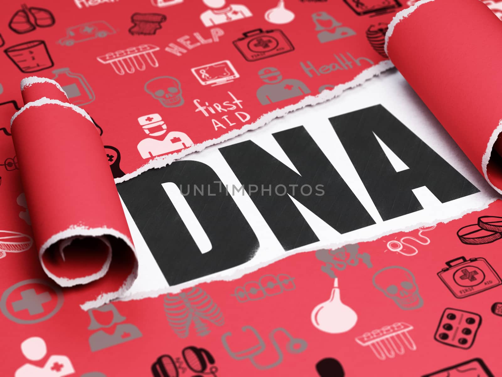 Medicine concept: black text DNA under the curled piece of Red torn paper with  Hand Drawn Medicine Icons, 3D rendering