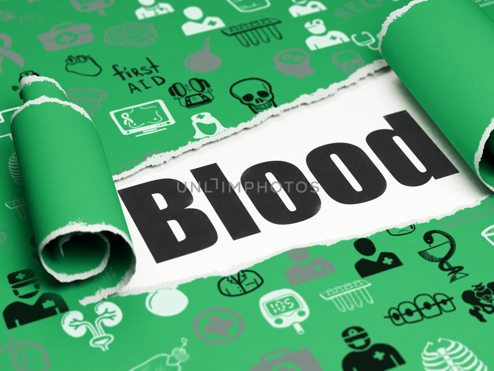 Health concept: black text Blood under the curled piece of Green torn paper with  Hand Drawn Medicine Icons, 3D rendering