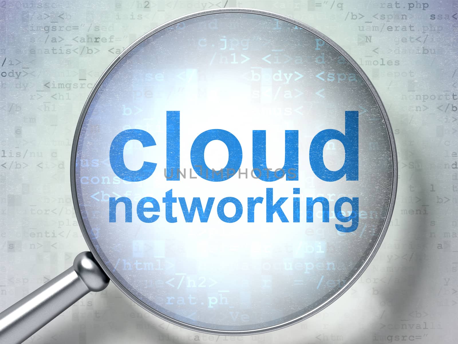 Cloud computing concept: magnifying optical glass with words Cloud Networking on digital background, 3D rendering