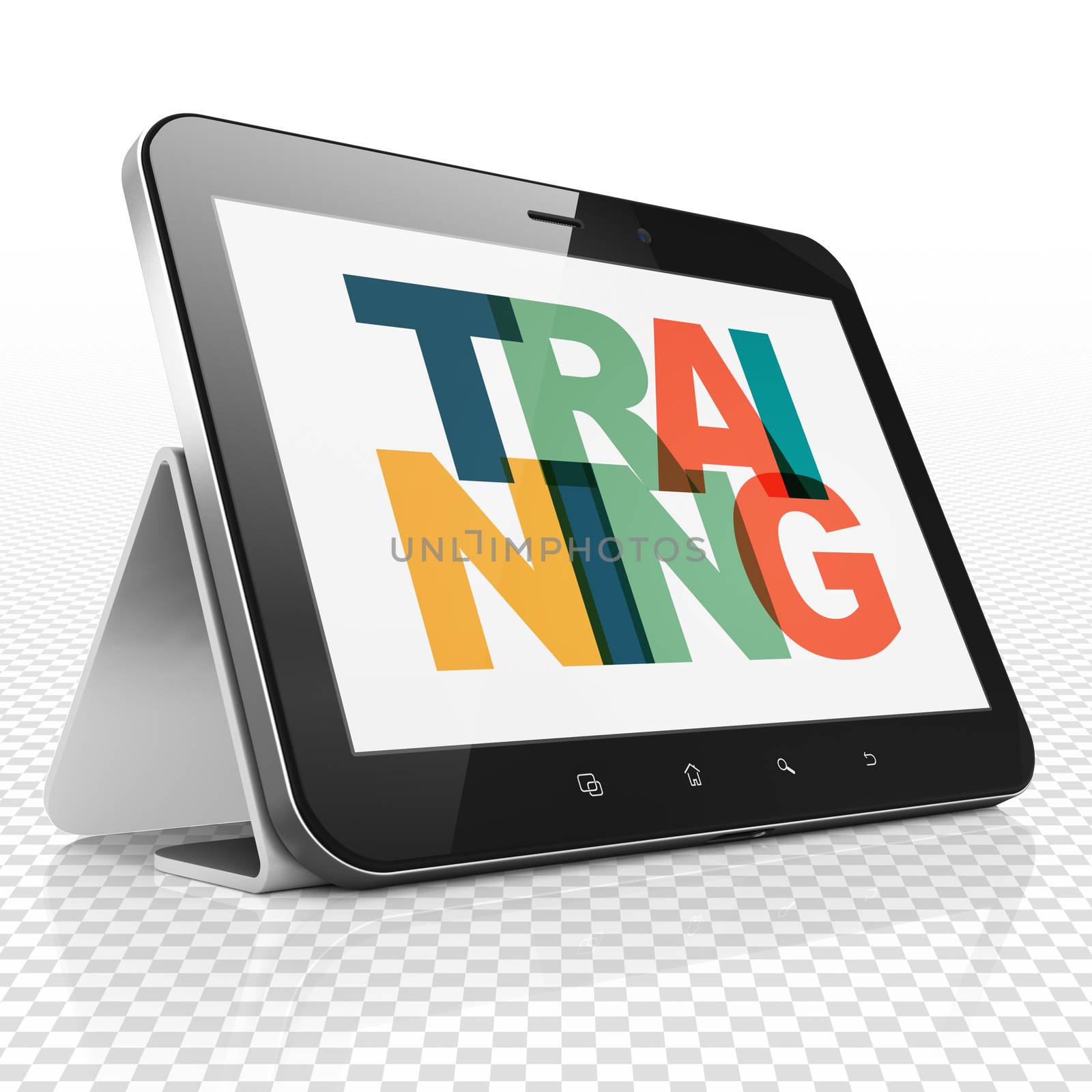 Learning concept: Tablet Computer with Painted multicolor text Training on display, 3D rendering
