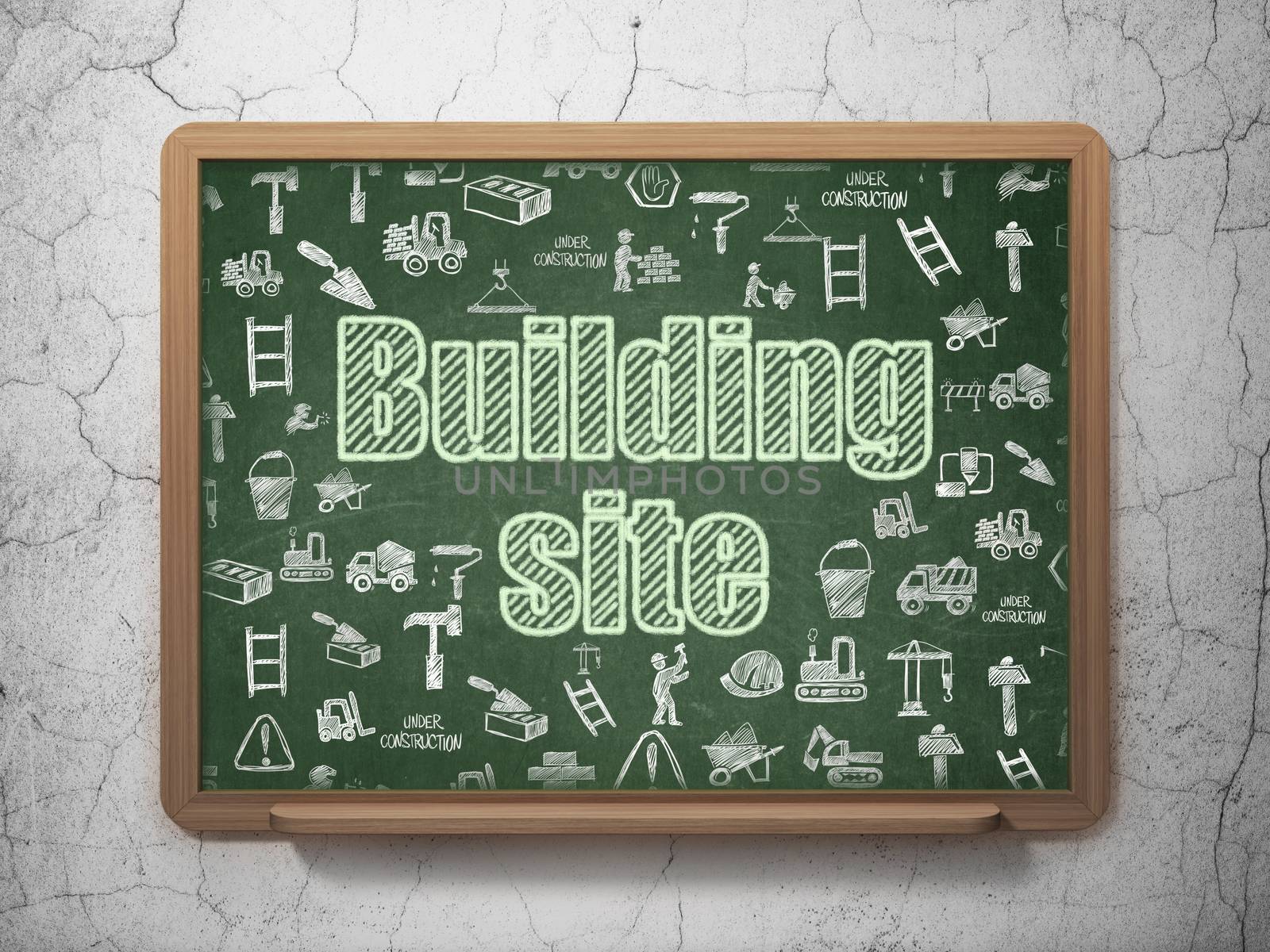 Construction concept: Chalk Green text Building Site on School board background with  Hand Drawn Building Icons, 3D Rendering