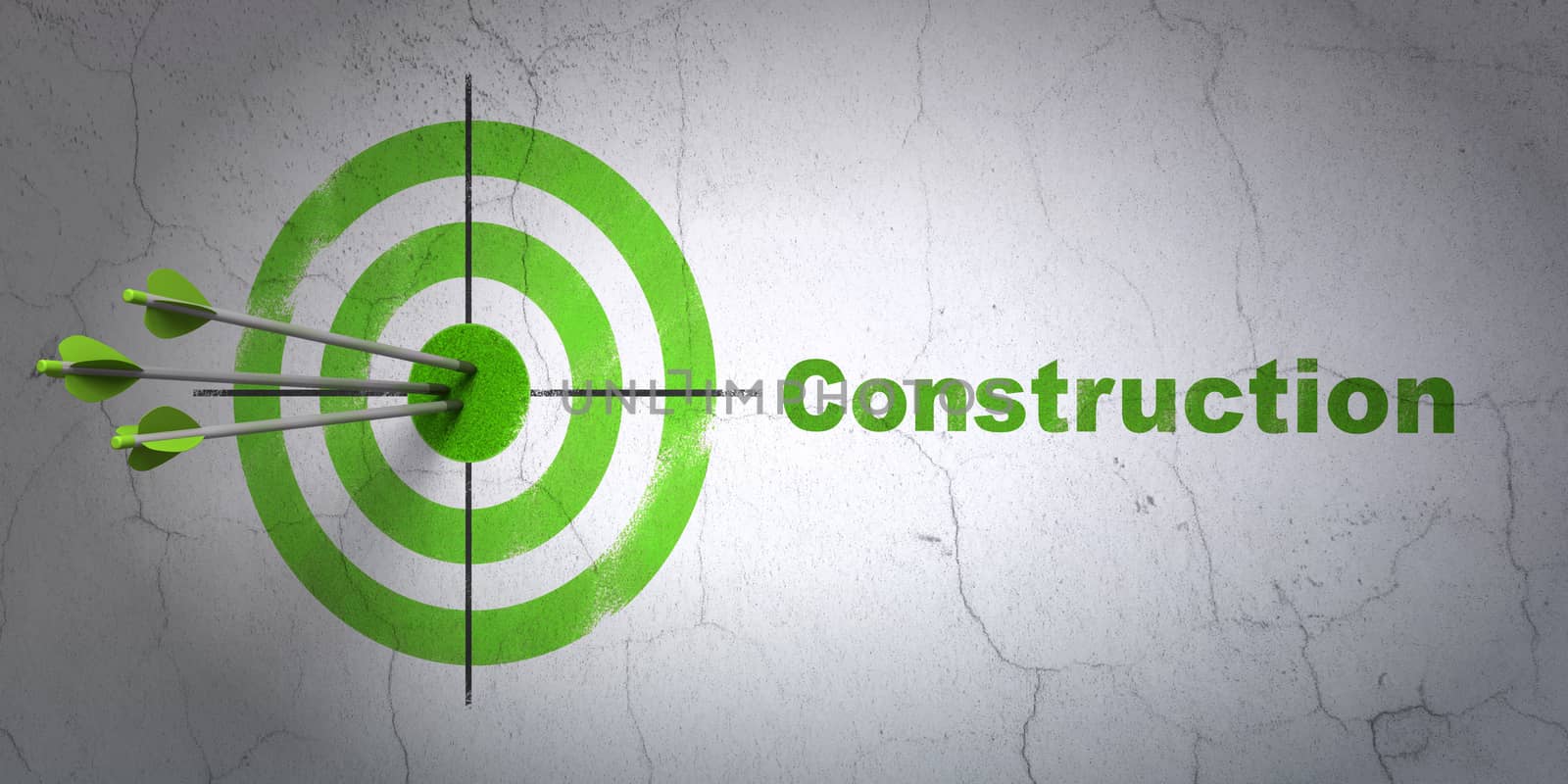 Success building construction concept: arrows hitting the center of target, Green Construction on wall background, 3D rendering