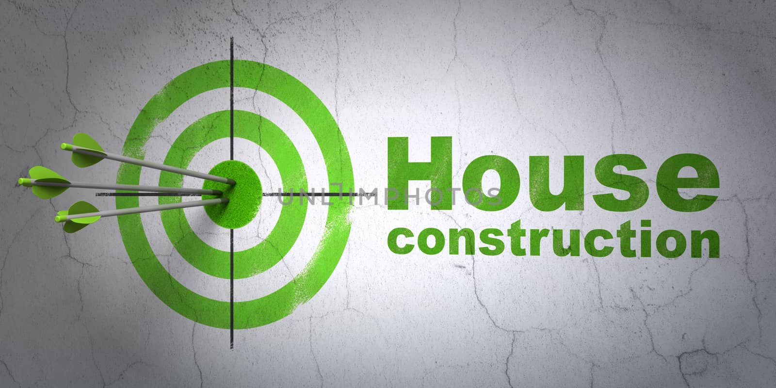 Success building construction concept: arrows hitting the center of target, Green House Construction on wall background, 3D rendering