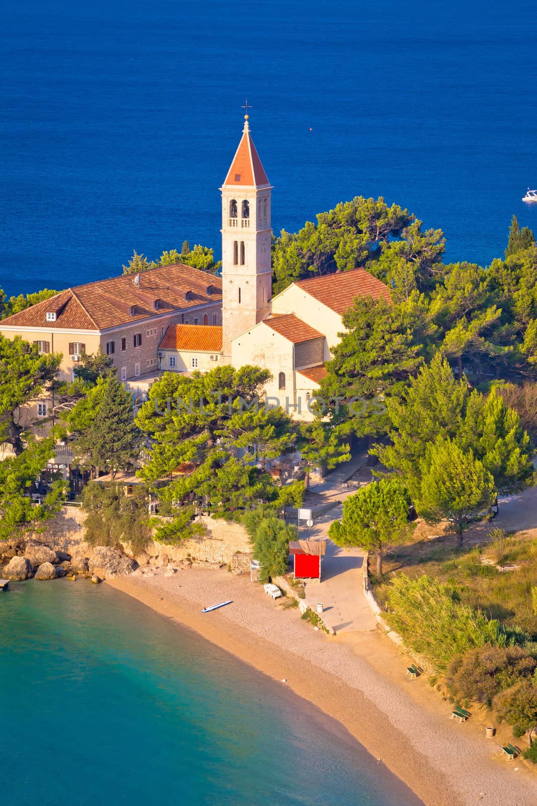 Bol beach and monastery aerial view, Island of Brac, Croatia, dalmatia
