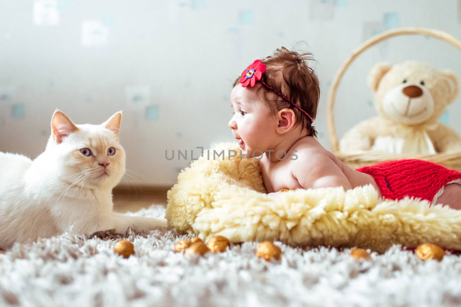 naked baby lying on soft blanket and watching a cat