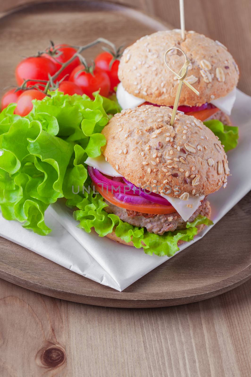 Cheeseburger with salad, onion, tomato and fresh bread by supercat67
