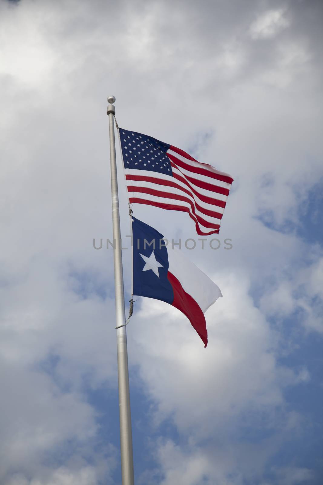 United States and Texas state flags billowing in the wind