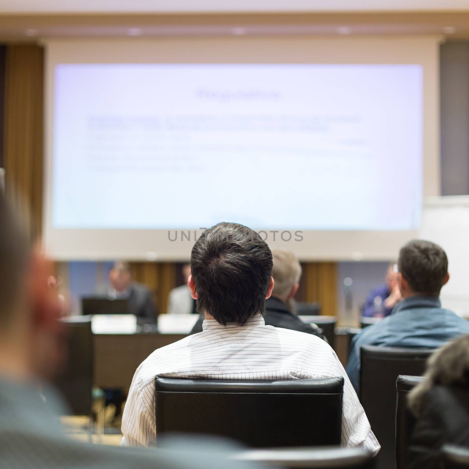 Business and entrepreneurship symposium. Speaker giving a talk at business meeting. Audience in the conference hall. Rear view of unrecognized participant in audience.