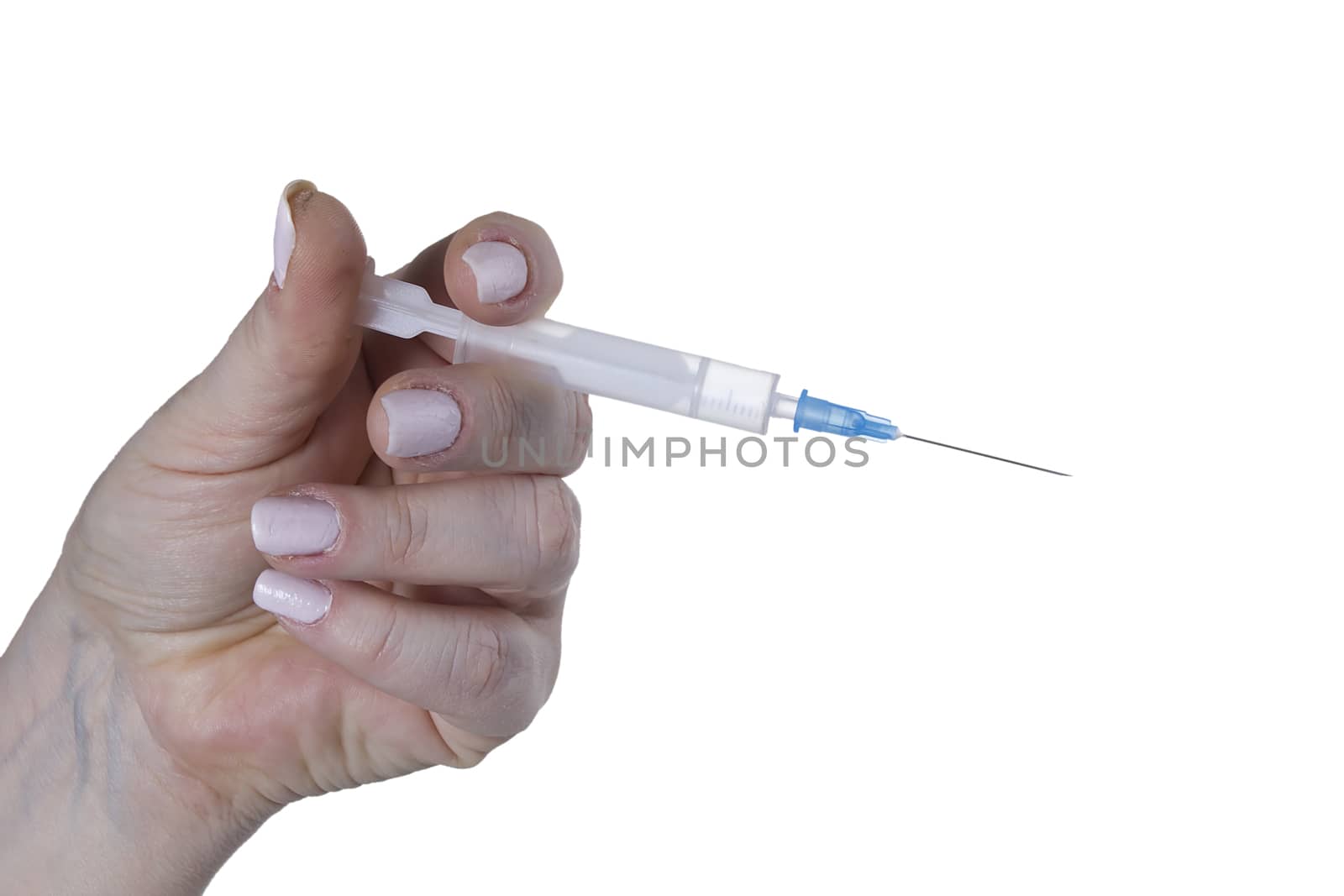 Female hand with syringe on a white background