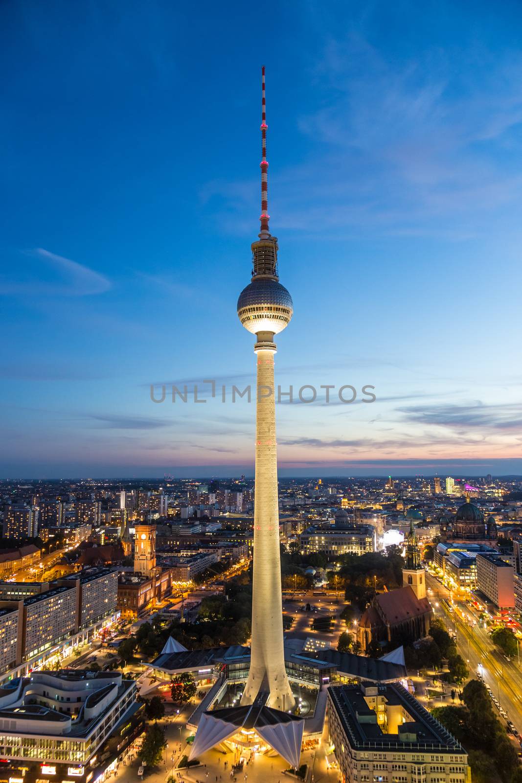 Panoramic view over Berlin at dusk from roof of the Hotel Park Inn Berlin.
