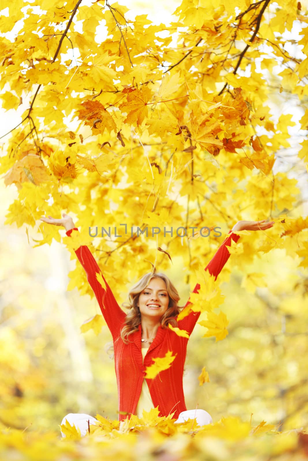 Happy woman in autumn park drop up leaves