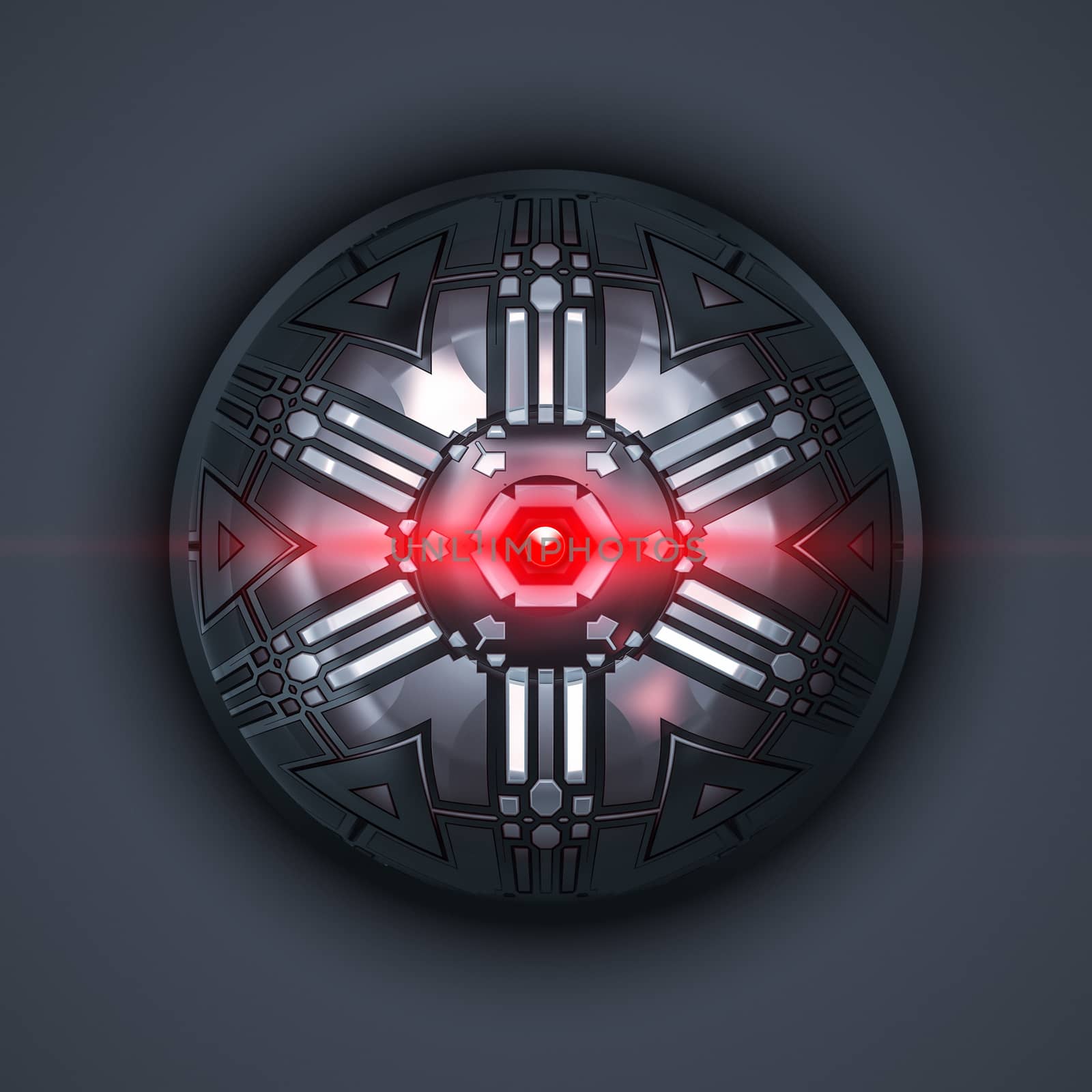 2d illustration of a robot eye with red light beam