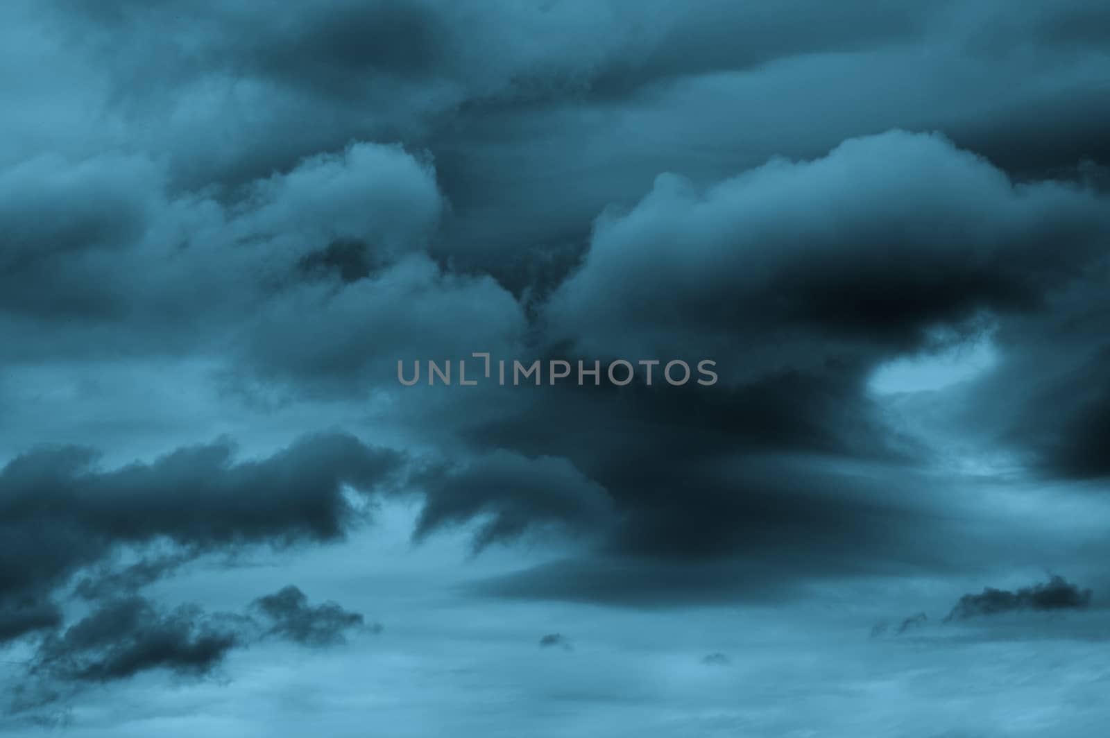 Dramatic Cloudy Sky with Lightning and Cumulus Clouds Outdoors. Turquoise Toned
