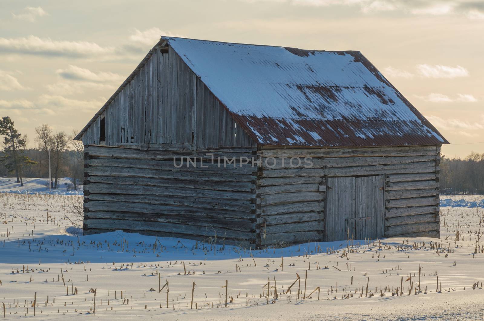 Pioneer log cabin barn in Eastern ontario in winter by Sublimage