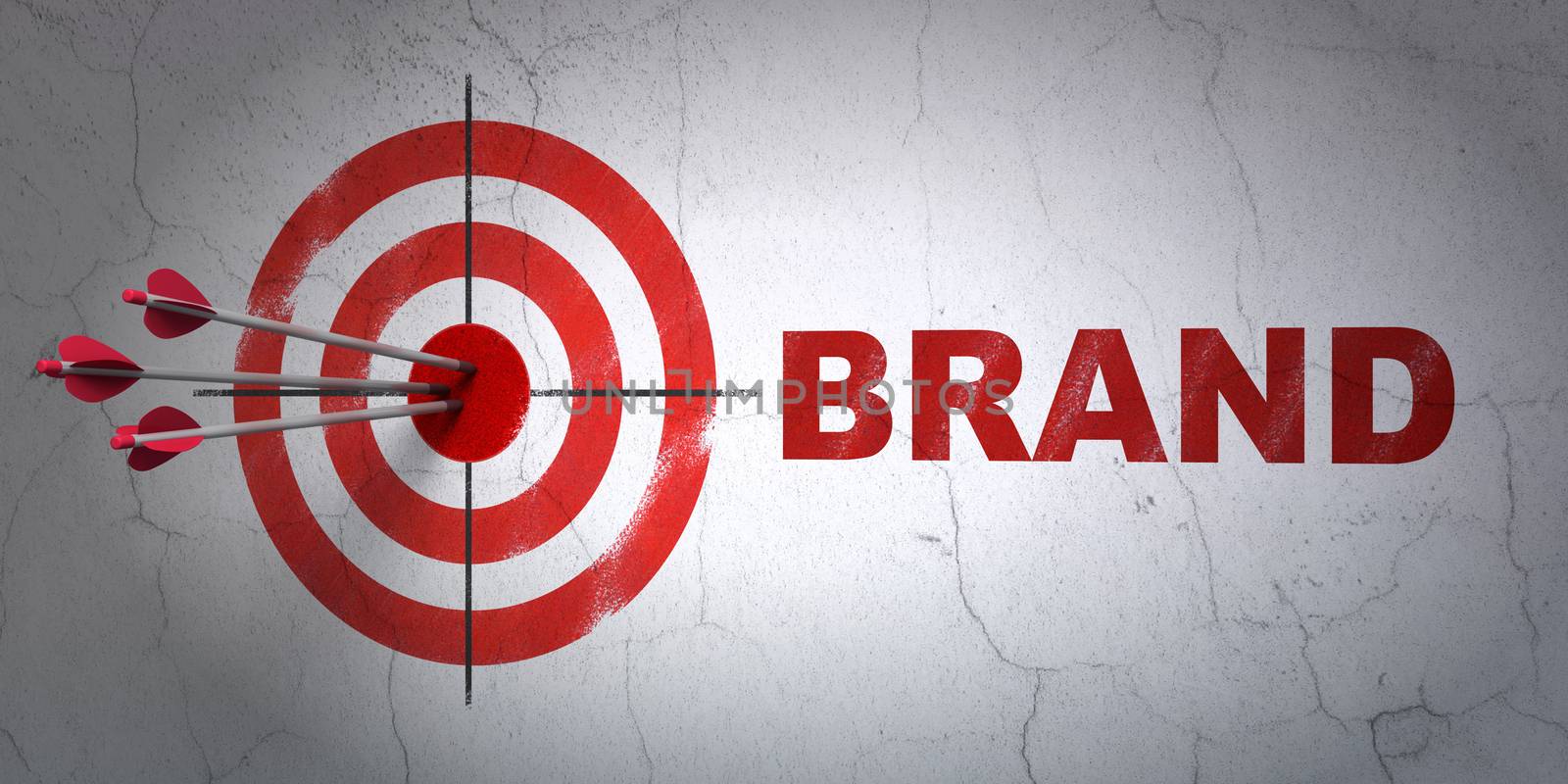 Success advertising concept: arrows hitting the center of target, Red Brand on wall background, 3D rendering
