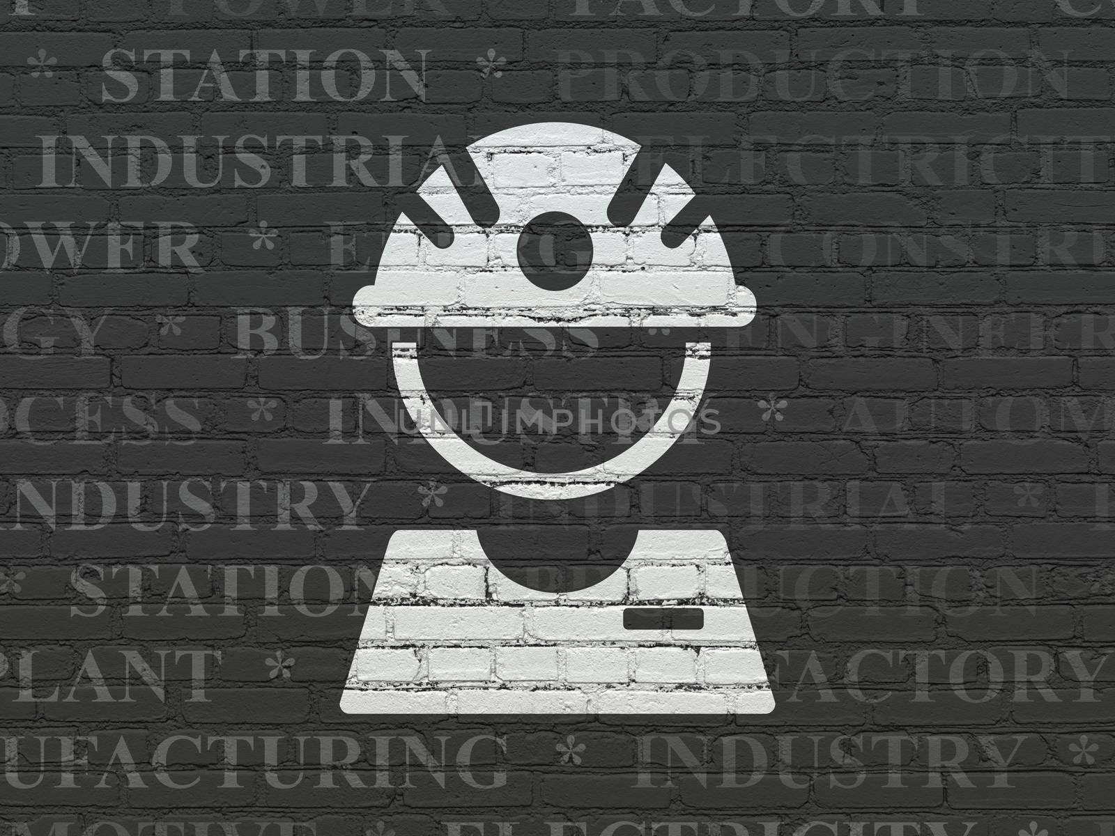 Industry concept: Painted white Factory Worker icon on Black Brick wall background with  Tag Cloud