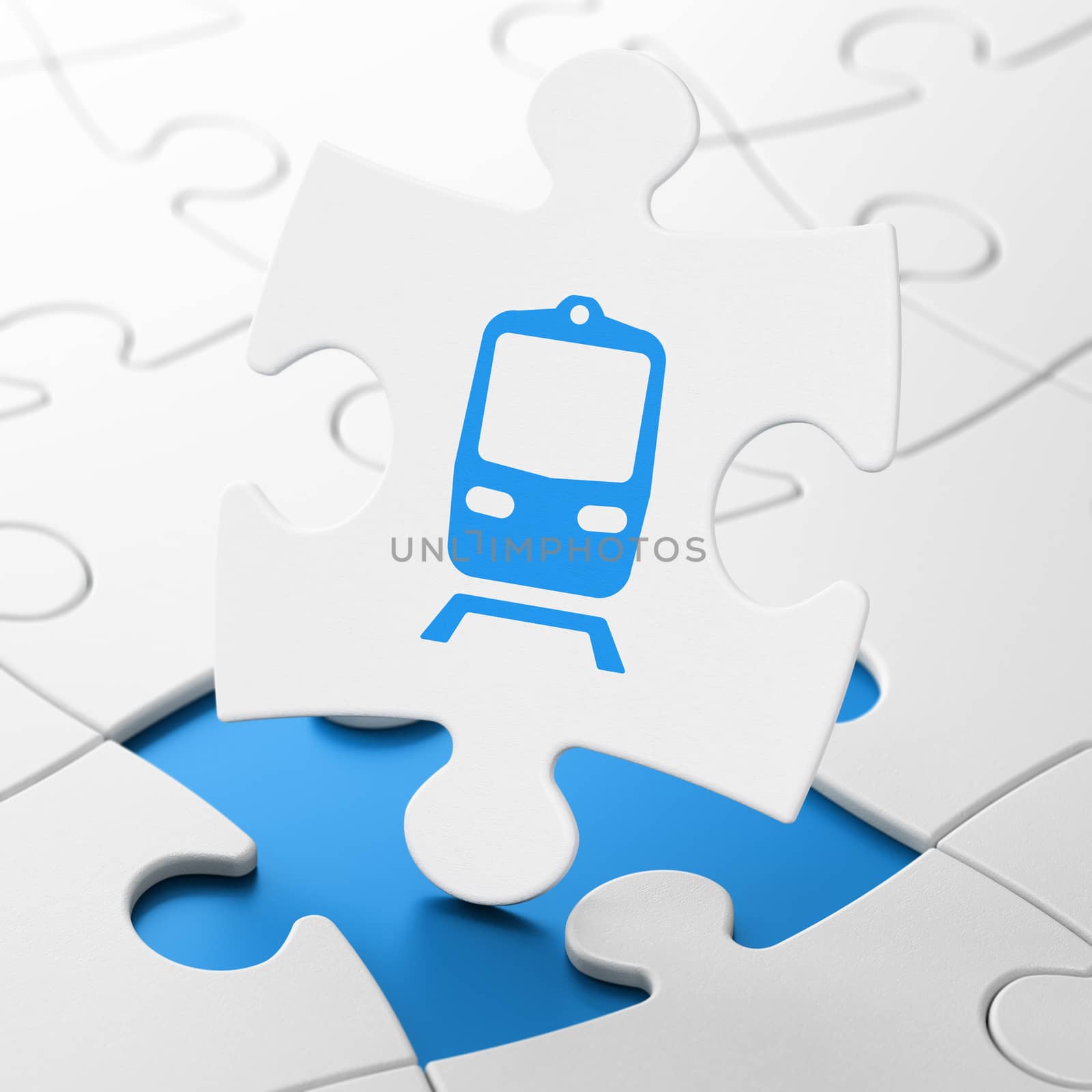 Travel concept: Train on White puzzle pieces background, 3D rendering
