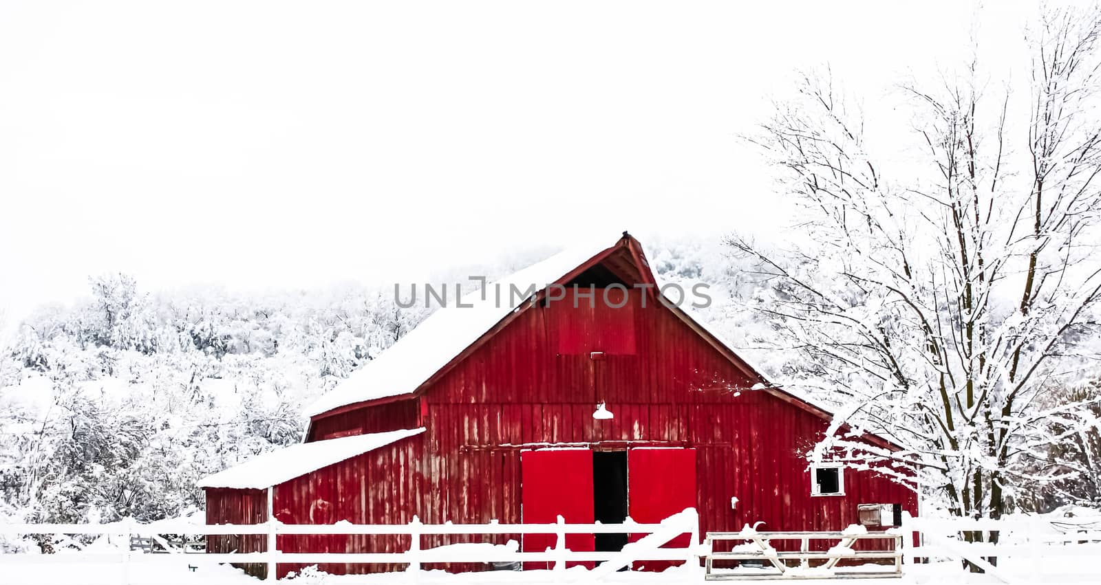 Big Red Barn in the Winter Snow