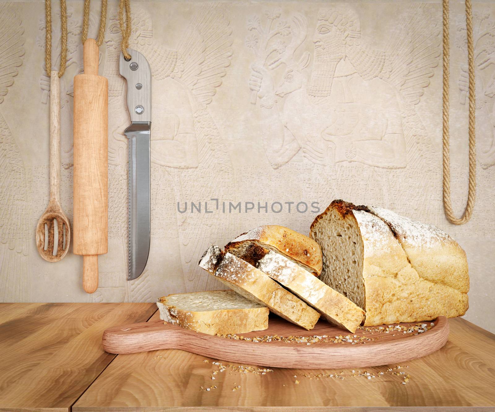 Fresh bread with oat sliced on a slate cutting board photo background copy space by denisgo