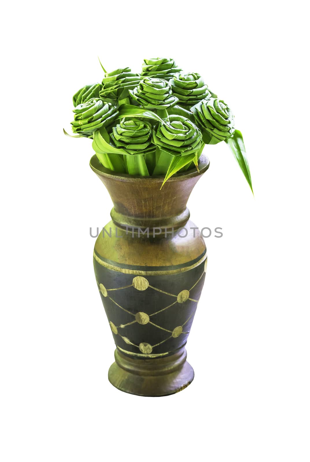 Pandanus amaryllifolius leaves in wooden vase isolated on white with clipping path