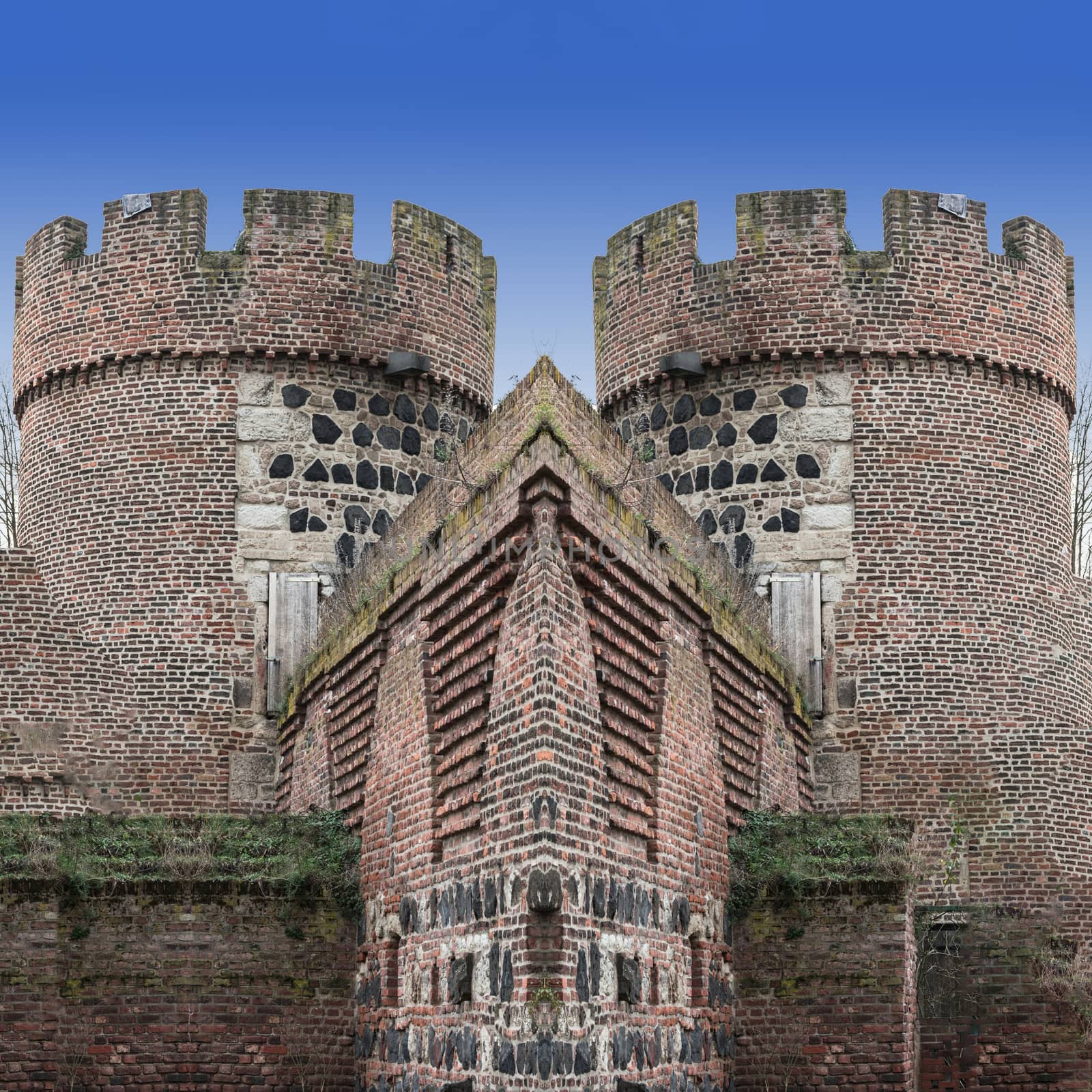 Photomontage, the Kroetschenturm with city wall in the city Zons am Rhein, Germany.