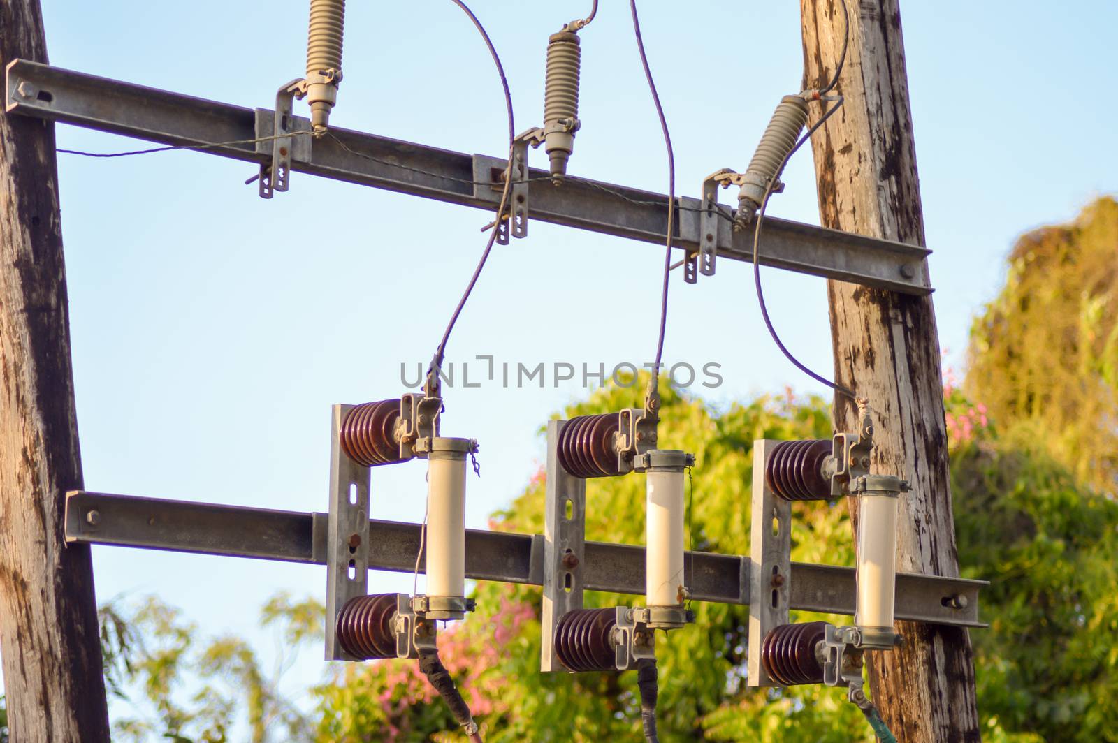Cartridge fuses attach to a wooden pylon with insulators