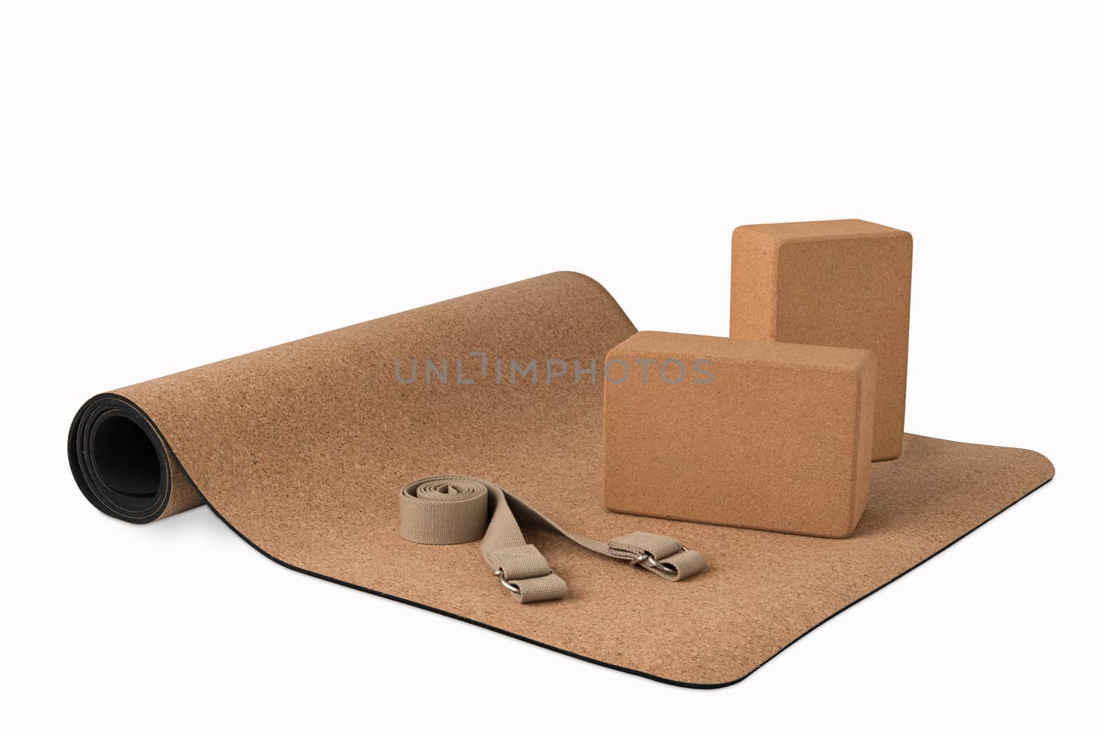 Cork Yoga Mat With Blocks and Strap, Premium Eco Friendly Product on White Background