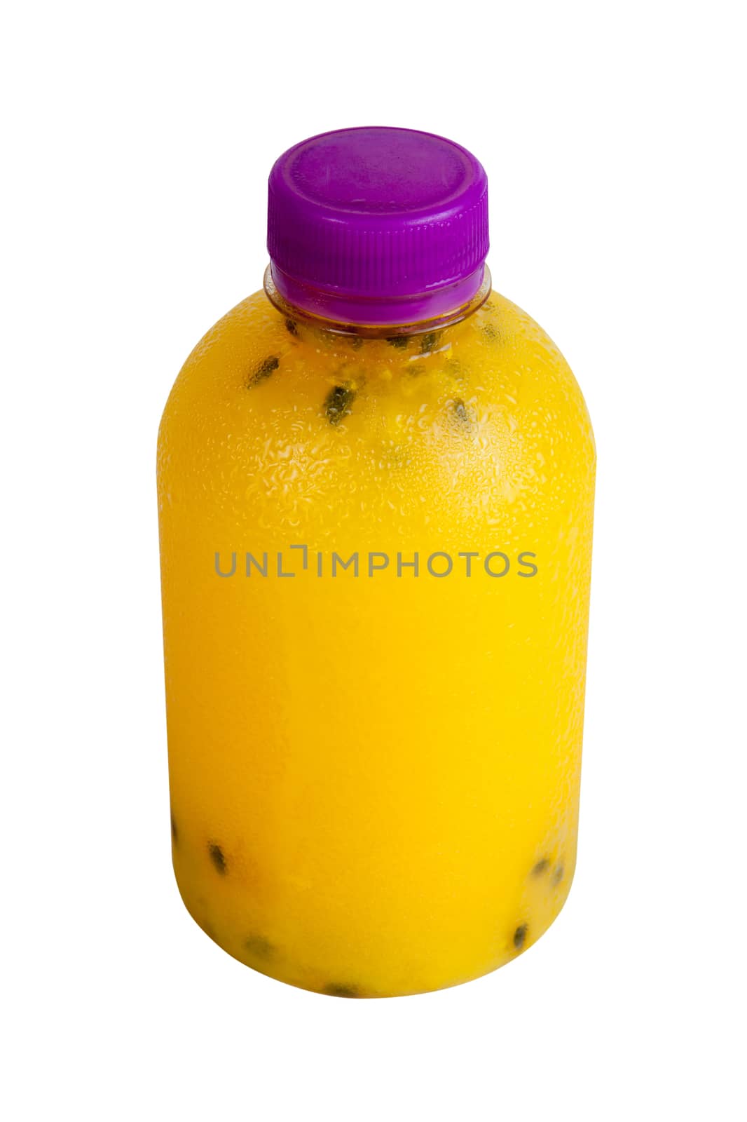 Passion fruit juice in plastic bottle. Isolated on white with work paths