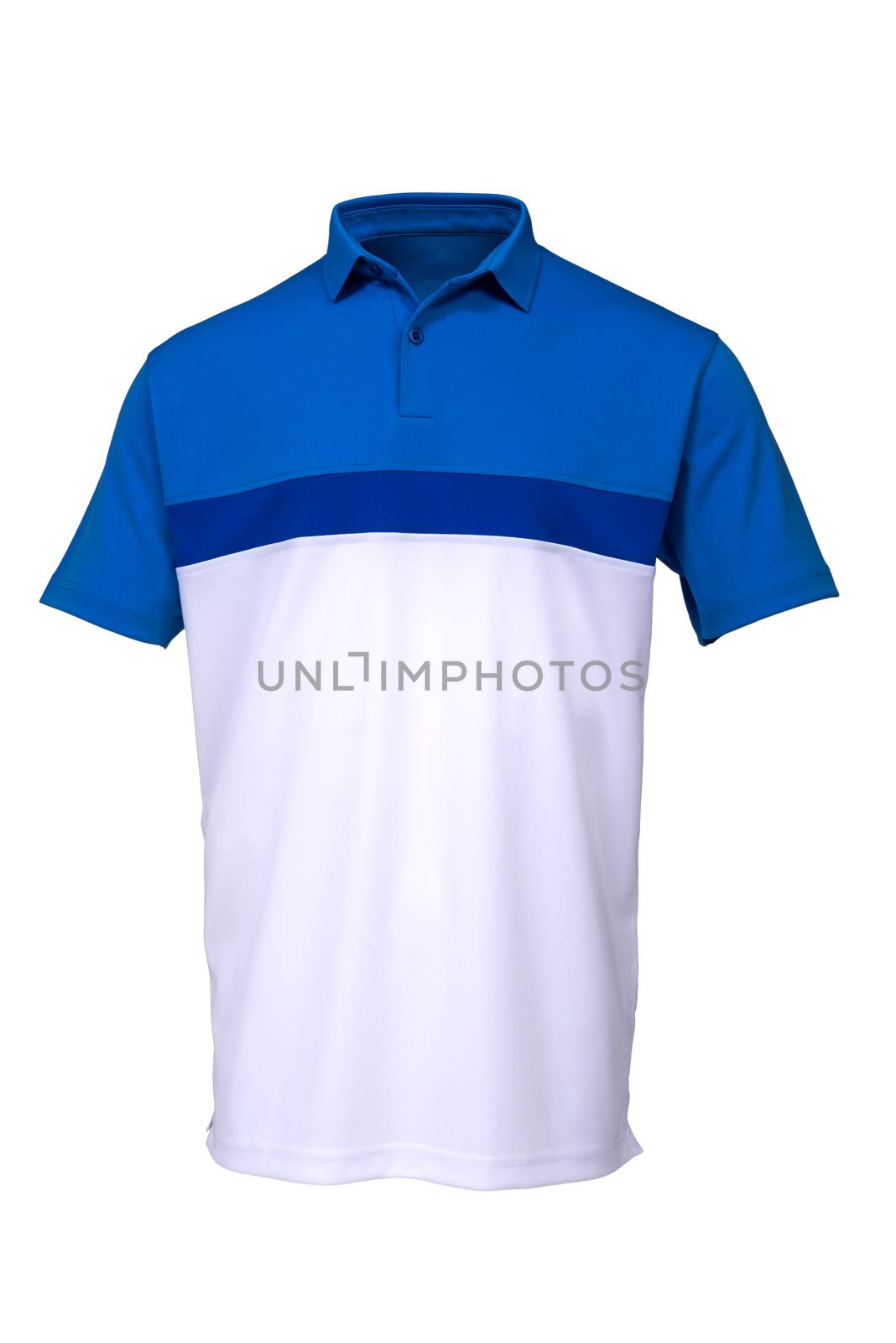 Blue and white golf tee shirt for man on white background