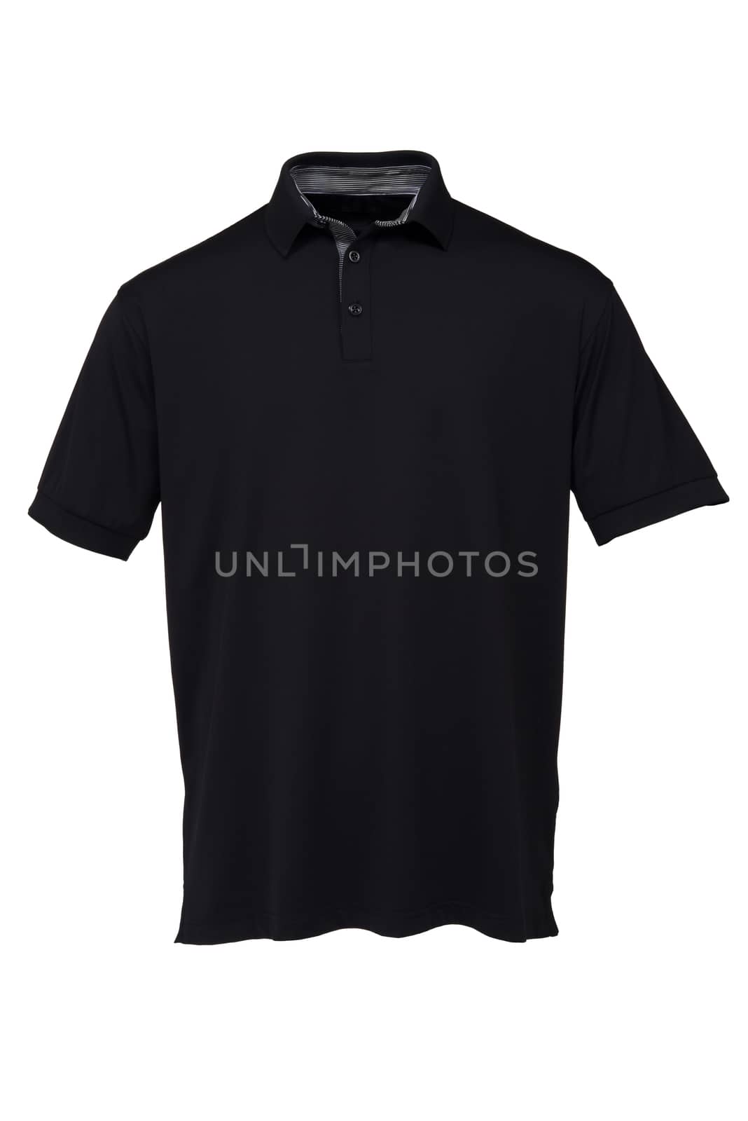 Black golf tee shirt with black and white collar for man on white background
