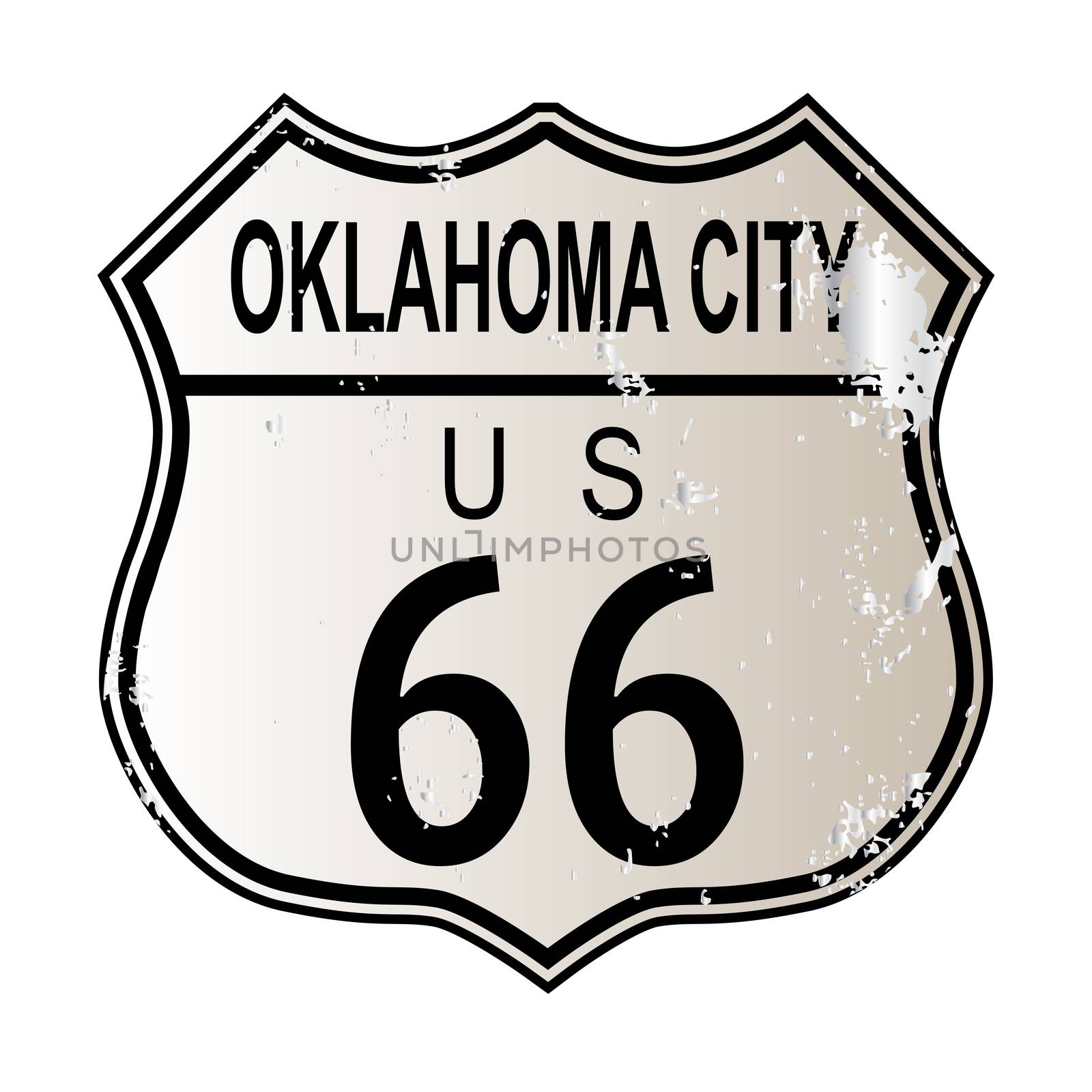Oklahoma City Route 66 traffic sign over a white background and the legend ROUTE US 66