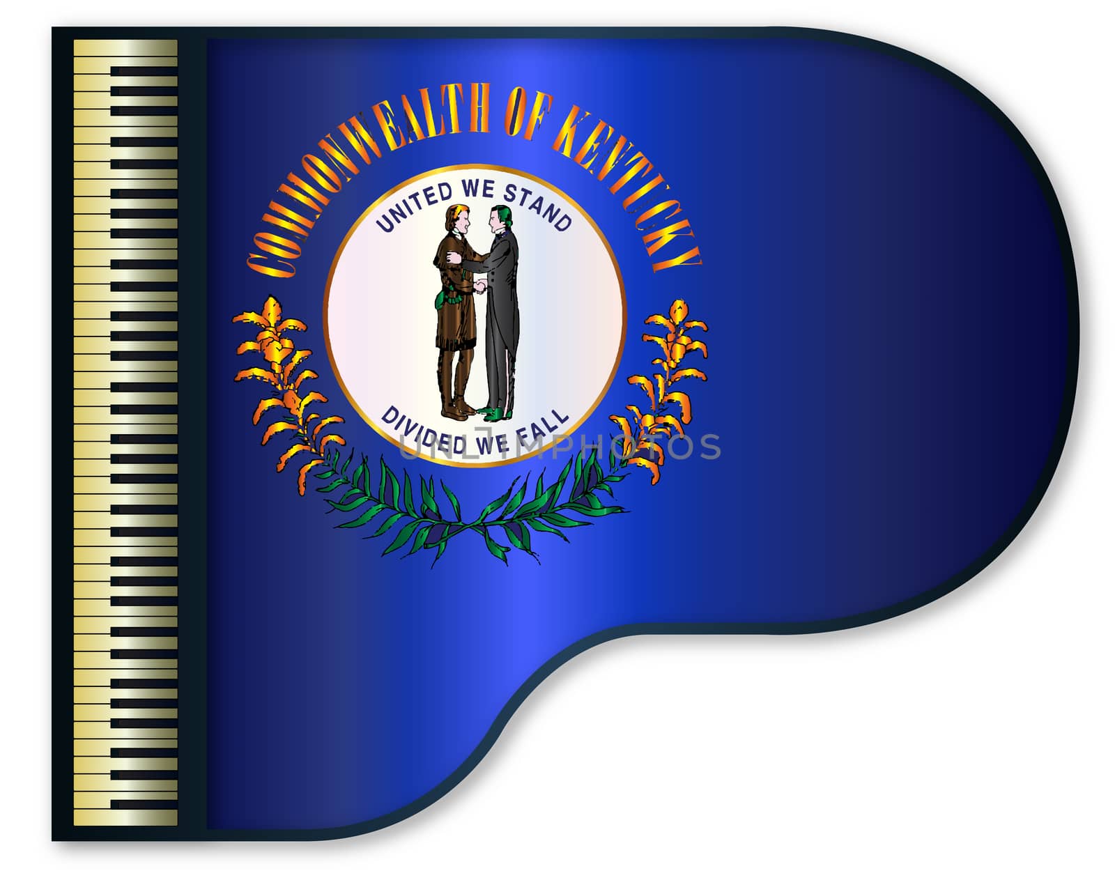 The Kentucky state flag set into a traditional black grand piano