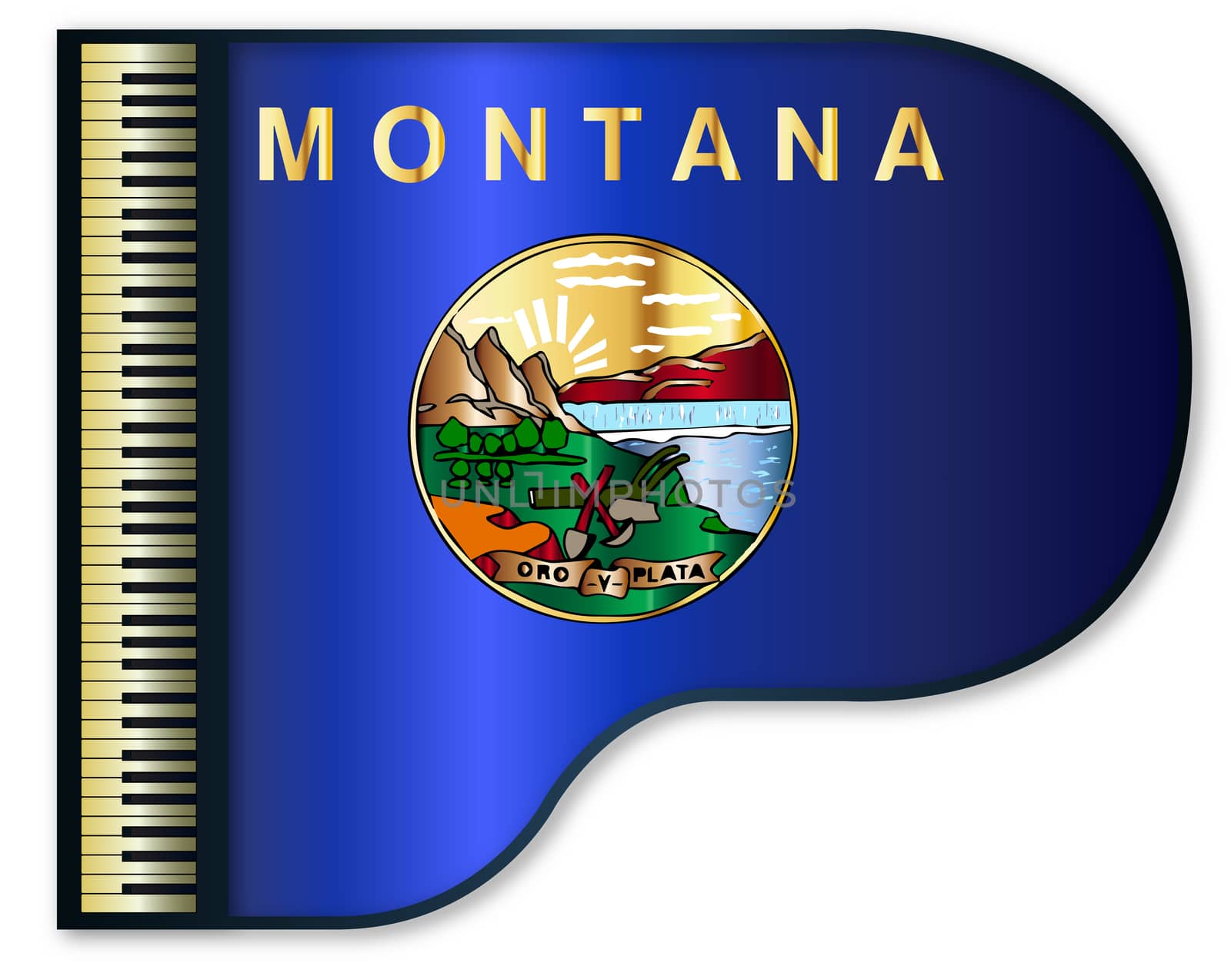 The Montana state flag set into a traditional black grand piano