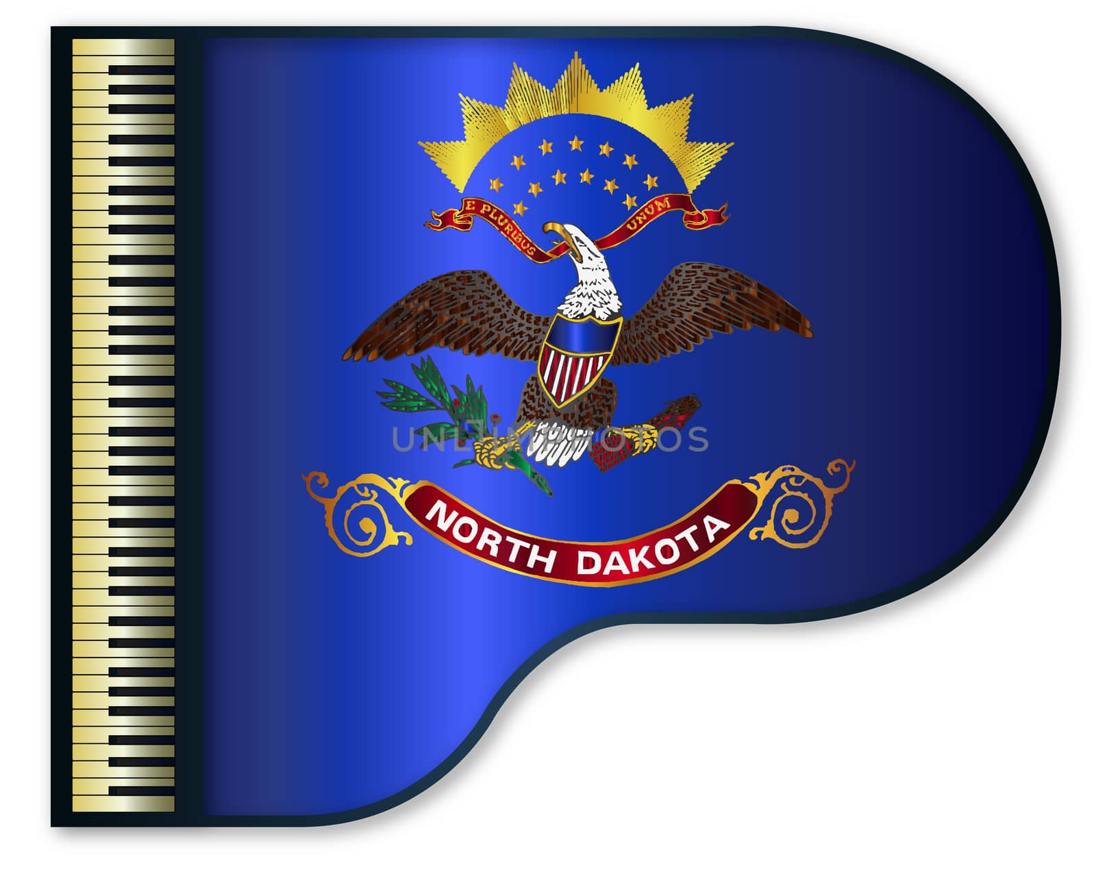 The North Dakota state flag set into a traditional black grand piano
